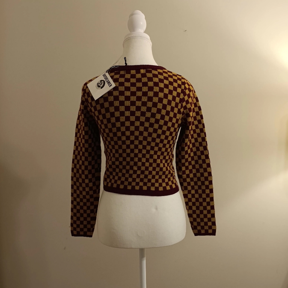 NWT Daydreamer Crop Women's Sweater XS Cozy Fig Checkers Long Sleeve - Picture 5 of 10